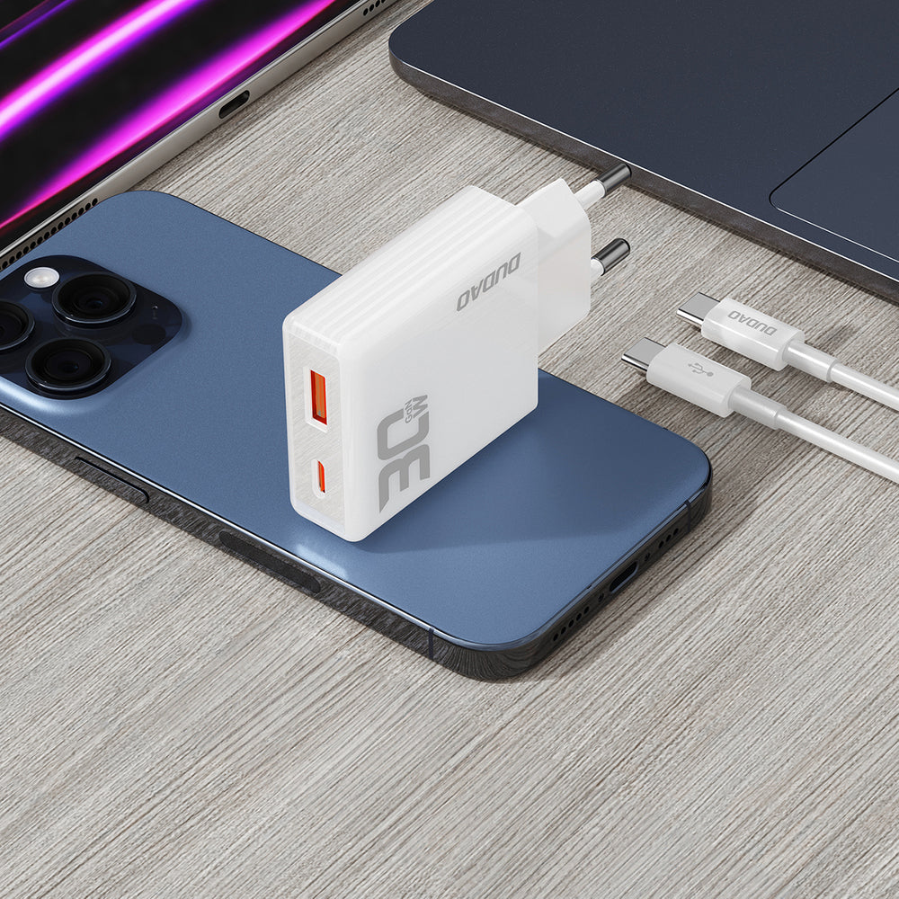 GaN Dudao A30EUT 30W USB-A / USB-C Wall Charger + USB-C - USB-C Cable - Hvid