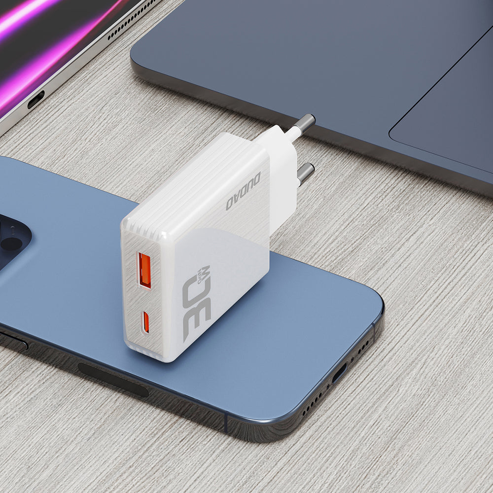 GaN Dudao A30EU 30W USB-A / USB-C Wall Charger - hvid