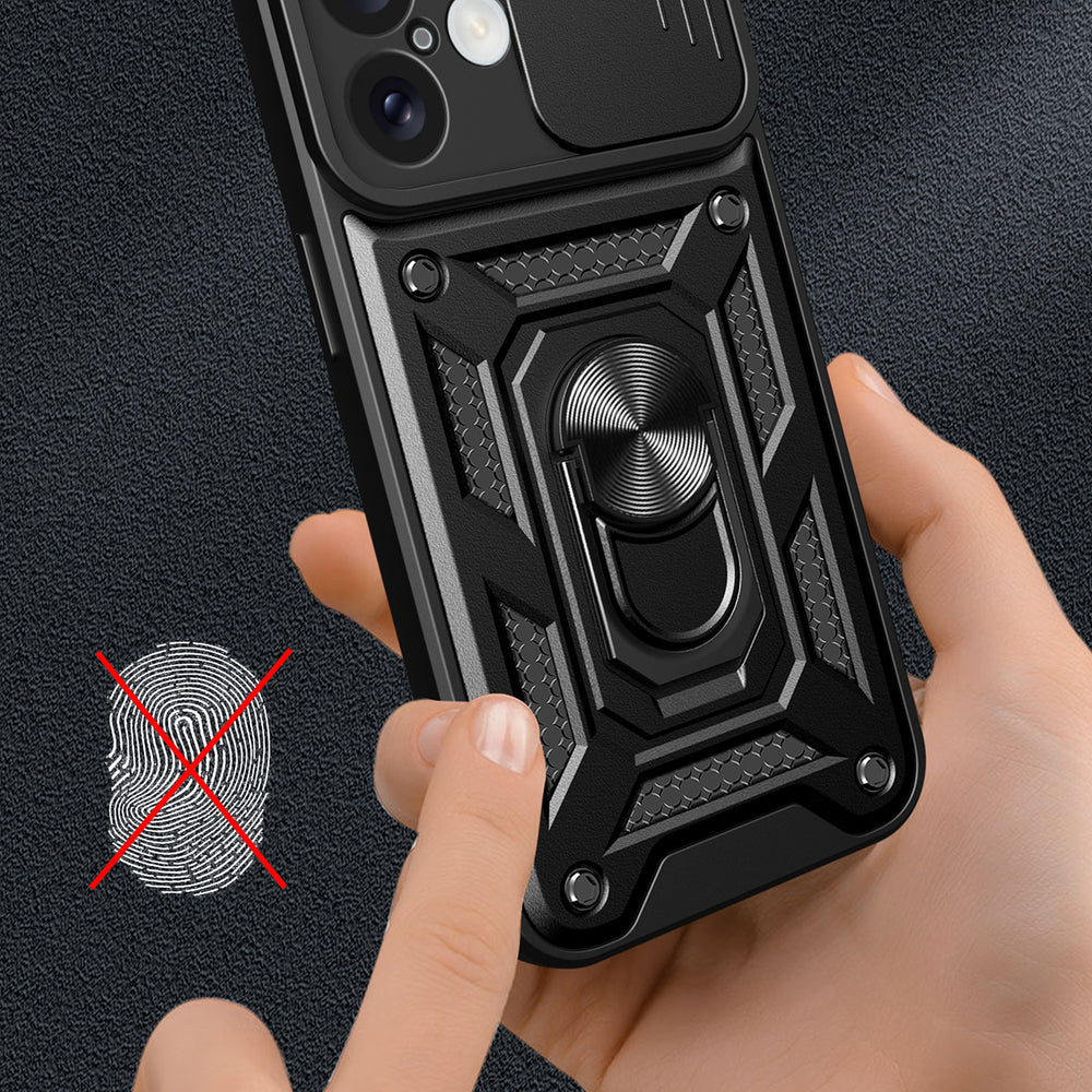 Hybrid Armor Camshield iPhone 16 Armored Case med Camera Cover og Stand - sort