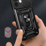 Hybrid Armor Camshield iPhone 16 Armored Case med Camera Cover og Stand - sort