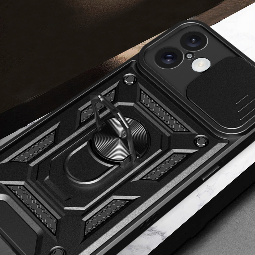 Hybrid Armor Camshield iPhone 16 Armored Case med Camera Cover og Stand - sort
