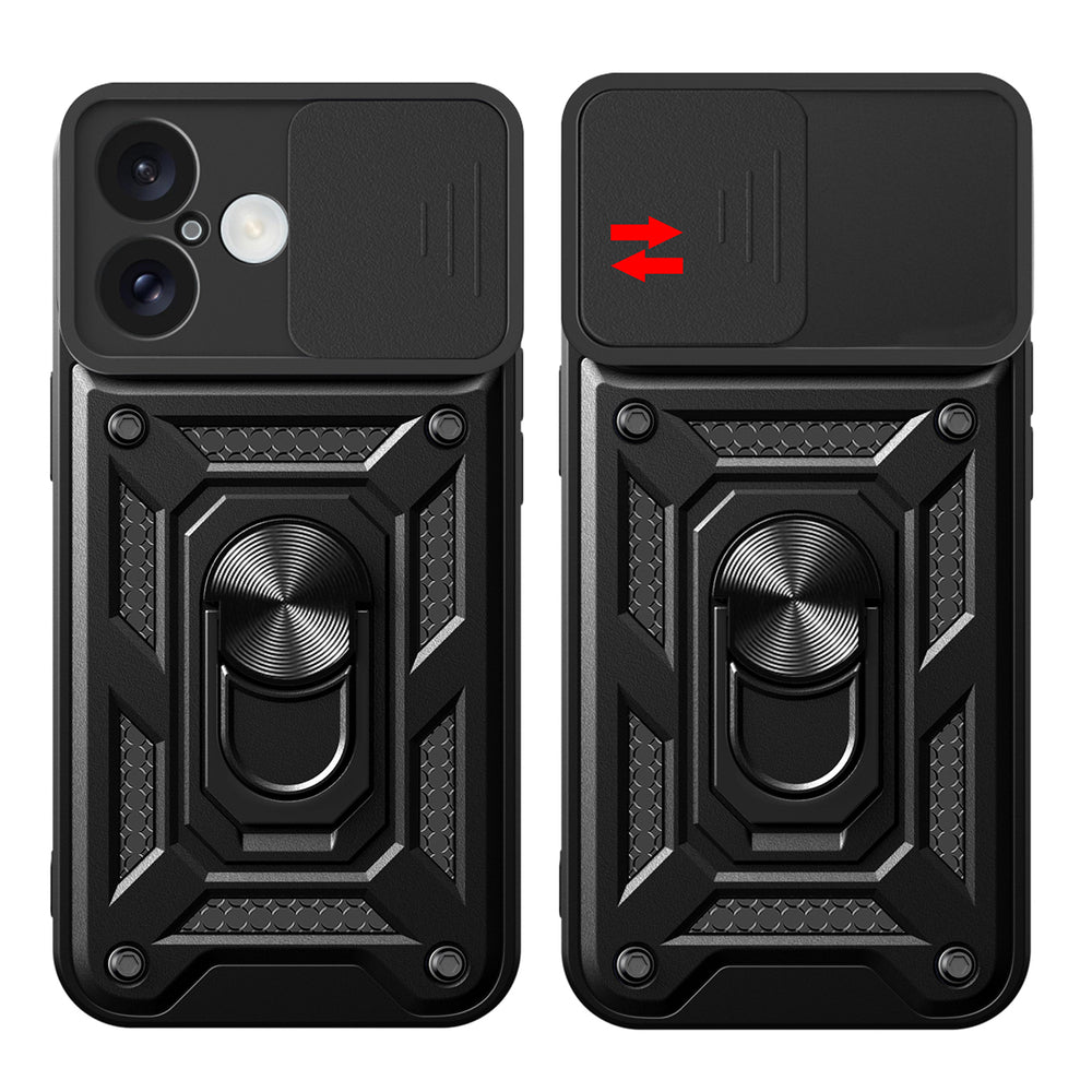 Hybrid Armor Camshield iPhone 16 Armored Case med Camera Cover og Stand - sort
