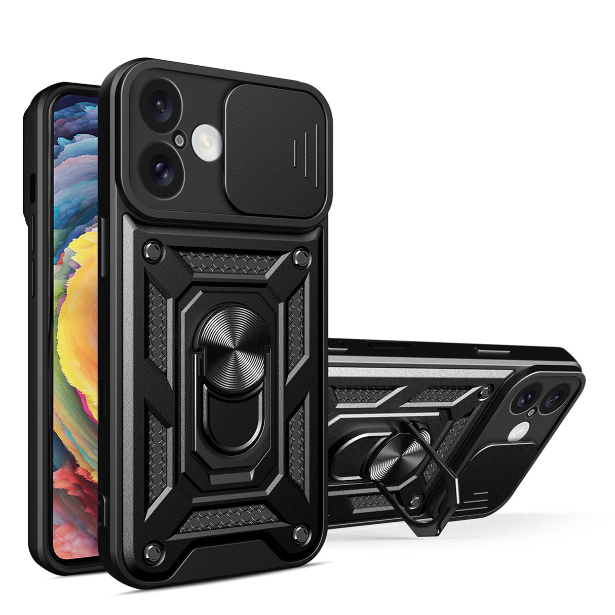 Hybrid Armor Camshield iPhone 16 Plus Armored Case med Camera Cover og Stand - sort