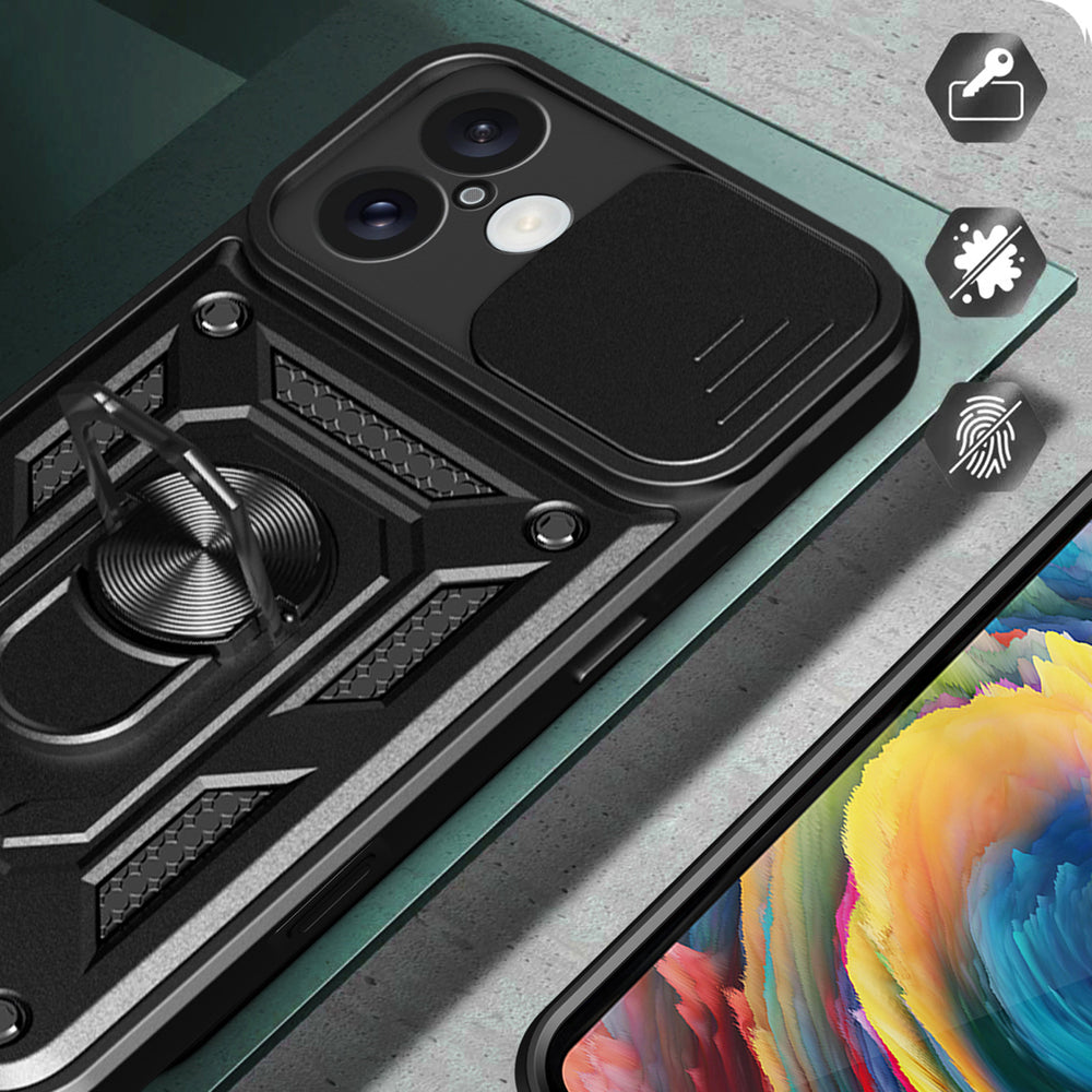 Hybrid Armor Camshield iPhone 16 Plus Armored Case med Camera Cover og Stand - sort