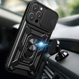 Hybrid Armor Camshield iPhone 16 Pro Case med Camera Cover og Stand - sort