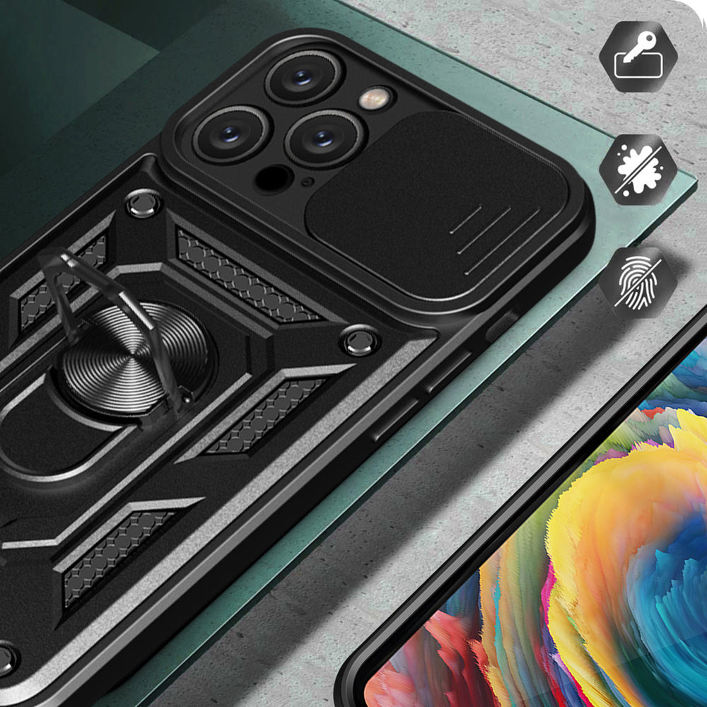 Hybrid Armor Camshield iPhone 16 Pro Case med Camera Cover og Stand - sort