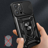Hybrid Armor Camshield iPhone 16 Pro Case med Camera Cover og Stand - sort