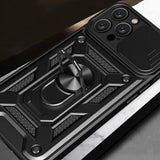 Hybrid Armor Camshield iPhone 16 Pro Case med Camera Cover og Stand - sort