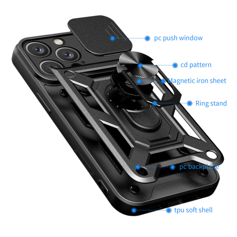 Hybrid Armor Camshield iPhone 16 Pro Case med Camera Cover og Stand - sort