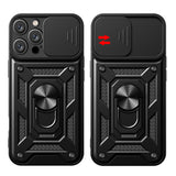 Hybrid Armor Camshield iPhone 16 Pro Case med Camera Cover og Stand - sort