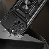 Hybrid Armor Camshield iPhone 16 Pro Max Armored Case med Camera Cover og Stand - sort