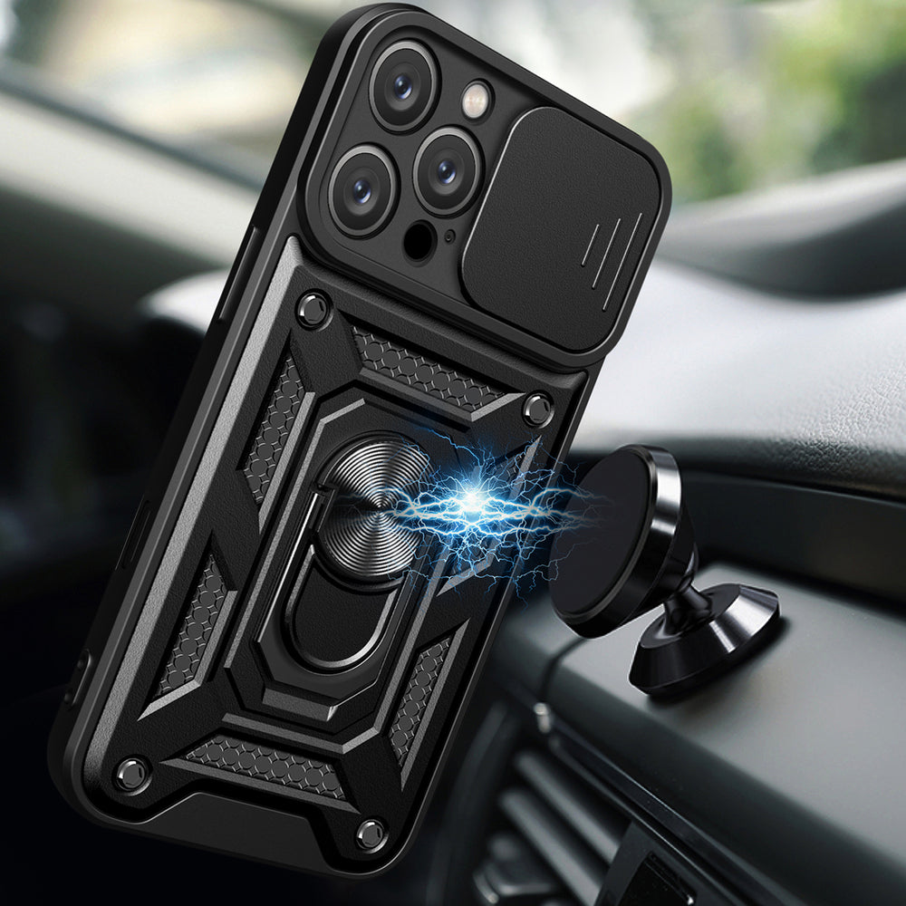 Hybrid Armor Camshield iPhone 16 Pro Max Armored Case med Camera Cover og Stand - sort