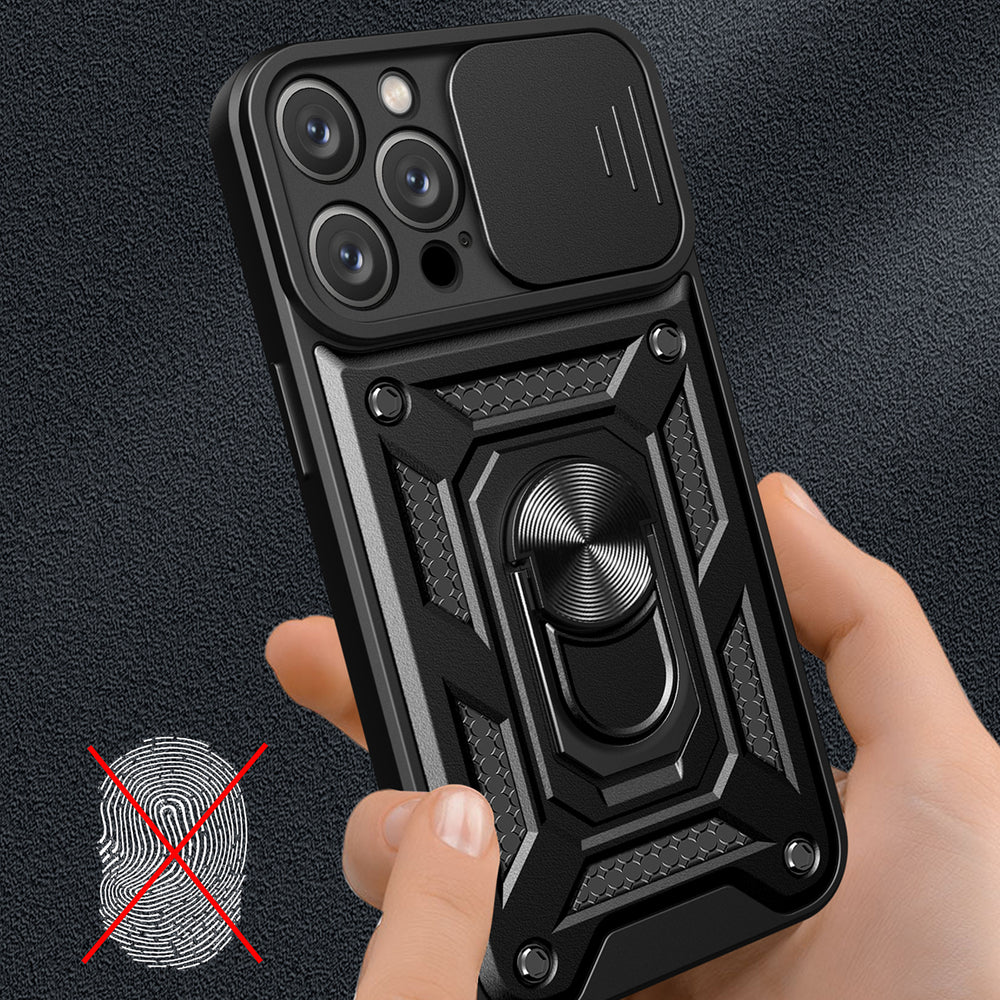 Hybrid Armor Camshield iPhone 16 Pro Max Armored Case med Camera Cover og Stand - sort