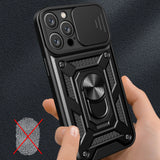 Hybrid Armor Camshield iPhone 16 Pro Max Armored Case med Camera Cover og Stand - sort