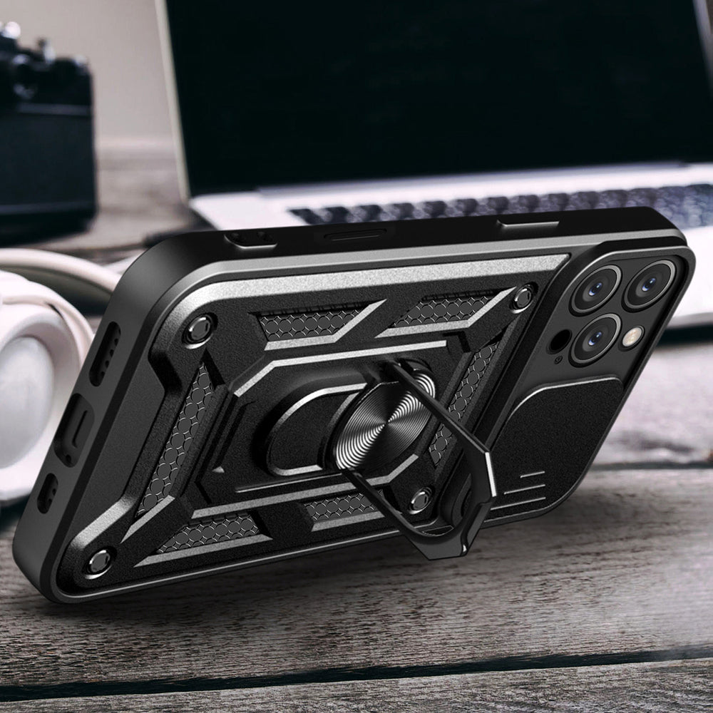 Hybrid Armor Camshield iPhone 16 Pro Max Armored Case med Camera Cover og Stand - sort