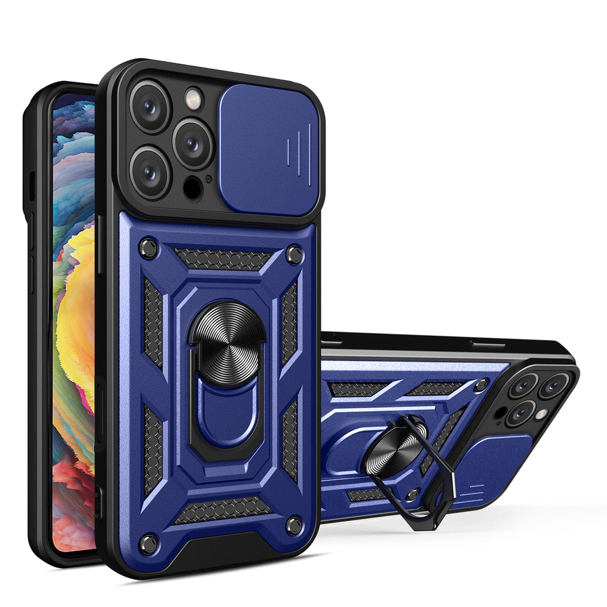 Hybrid Armor Camshield iPhone 16 Pro Max Armored Case med Camera Cover og Stand - Blå