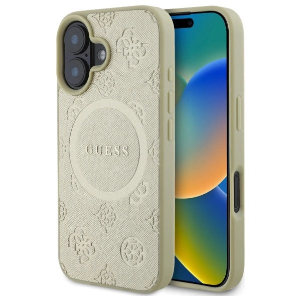 Guess Saffiano Peony Classic Logo MagSafe-fodral til iPhone 16 - guld