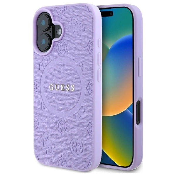 Guess Saffiano Peony Classic Logo MagSafe iPhone 16 Case - Purple