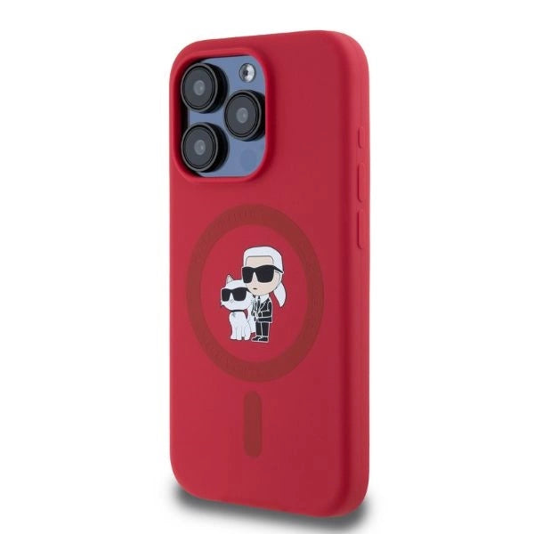 Karl Lagerfeld Silicone Karl&Choupette Heads Ring MagSafe Case for iPhone 15 Pro - Red