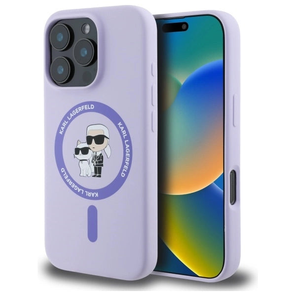Karl Lagerfeld Silicone Karl & Choupette Heads Ring MagSafe Case til iPhone 16 Pro - Purple
