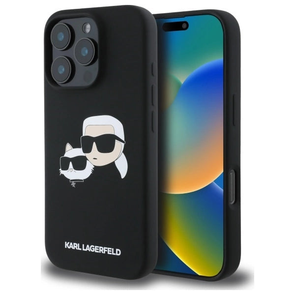 Karl Lagerfeld Silicone Case Heads Print MagSafe for iPhone 16 Pro - Black