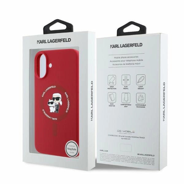 Karl Lagerfeld Silicone Karl&Choupette Heads Ring MagSafe iPhone 16 Case - Red