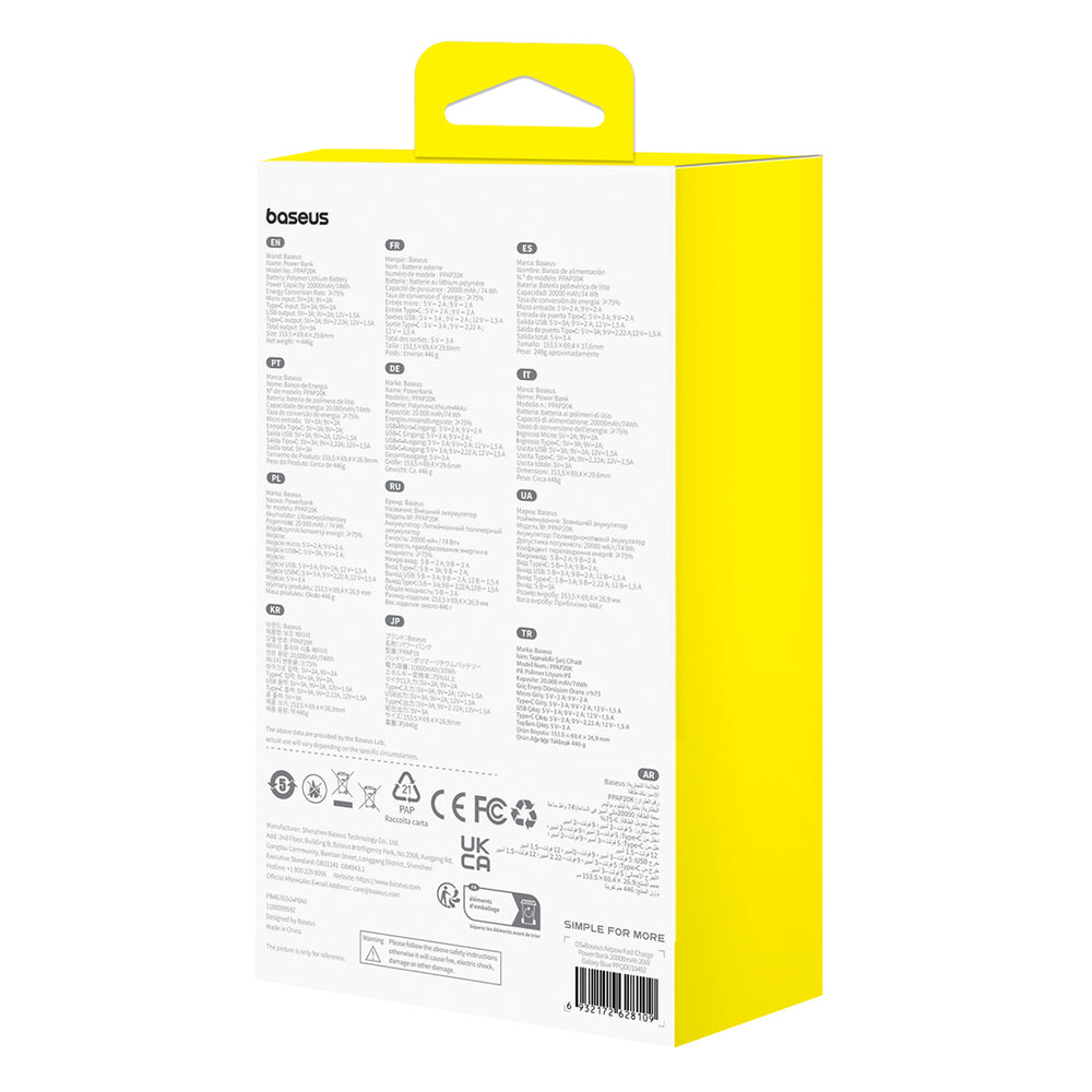 Baseus Airpow 20W 20000mAh Power Bank med hvid Baseus Simple Series USB-A - USB-C 50cm Kabel - Blå