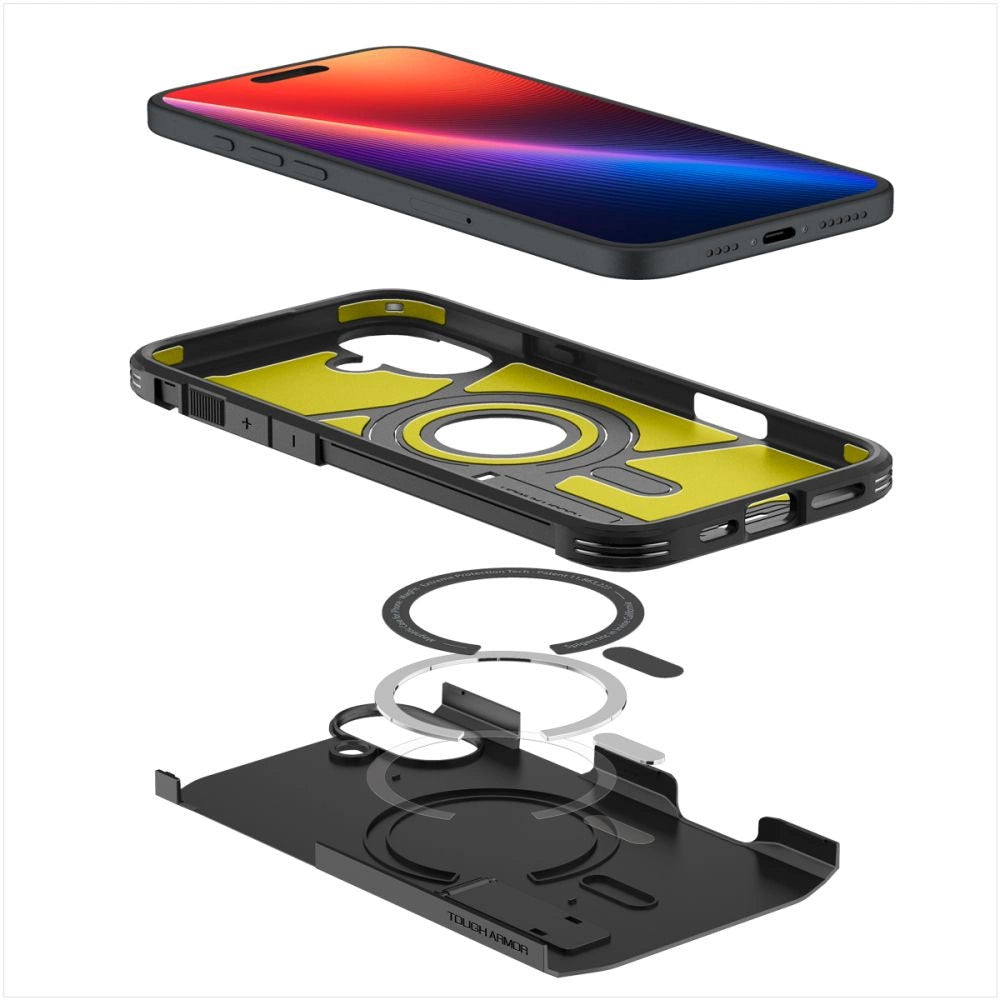 Spigen Tough Armor MagSafe-hylster med stand til iPhone 16 - sort