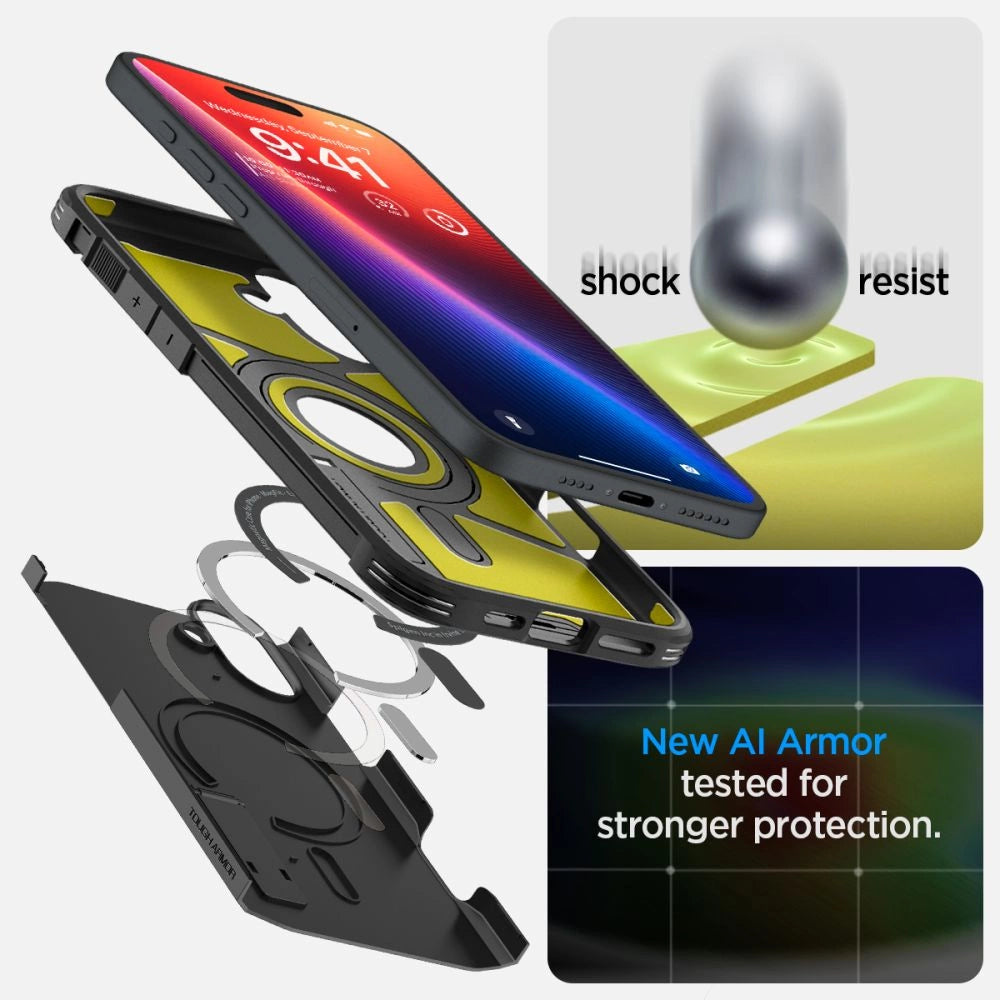 Spigen Tough Armor MagSafe-hylster med stand til iPhone 16 - sort