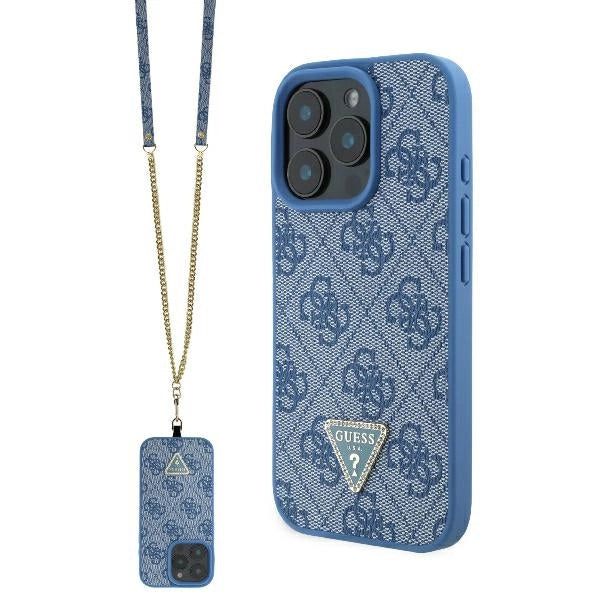 Guess læder Metal Logo Strass Crossbody Case til iPhone 16 Pro - Blå