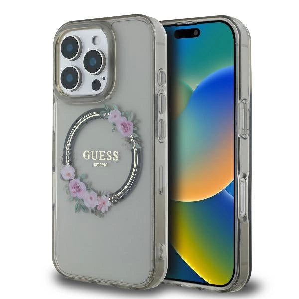 Guess IML Flowers Wreath MagSafe Case for iPhone 16 Pro - Black