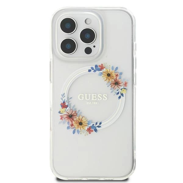 Guess IML Flowers Wreath MagSafe Case for iPhone 16 Pro - Clear