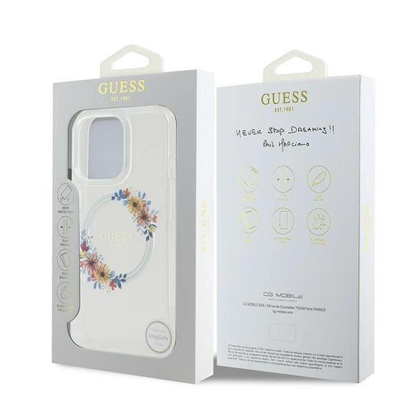 Guess IML Flowers Wreath MagSafe Case for iPhone 16 Pro - Clear