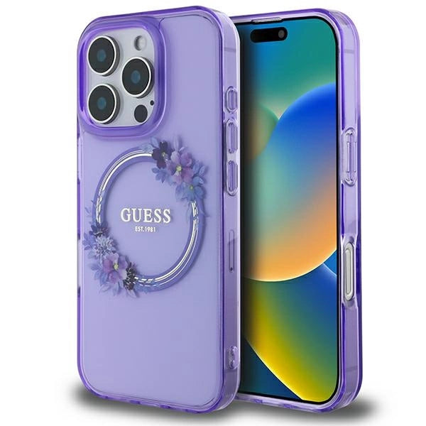 Guess IML Flowers Wreath MagSafe iPhone 16 Pro Case - lilla