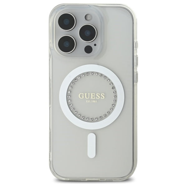 Guess IML Rhinestones MagSafe Case til iPhone 16 Pro - hvid