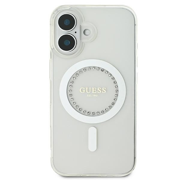 Guess IML Rhinestones MagSafe Case til iPhone 16 Plus - hvid