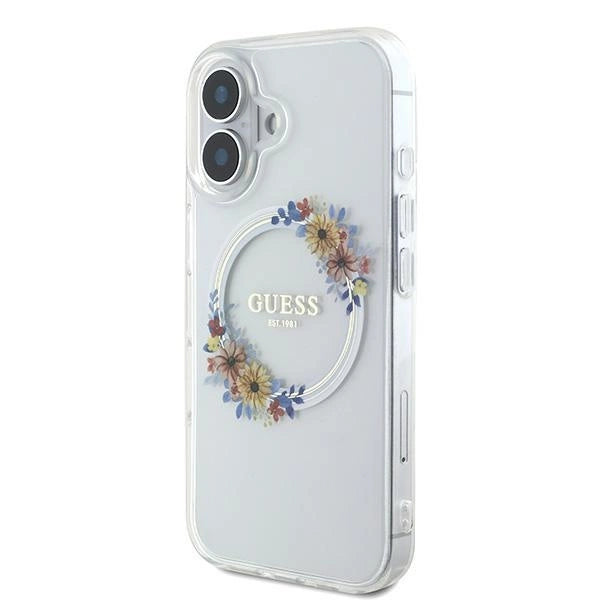 Guess IML Flowers Wreath MagSafe Case for iPhone 16 - Transparent