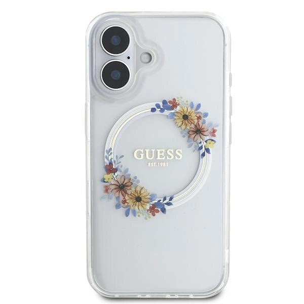 Guess IML Flowers Wreath MagSafe Case for iPhone 16 - Transparent