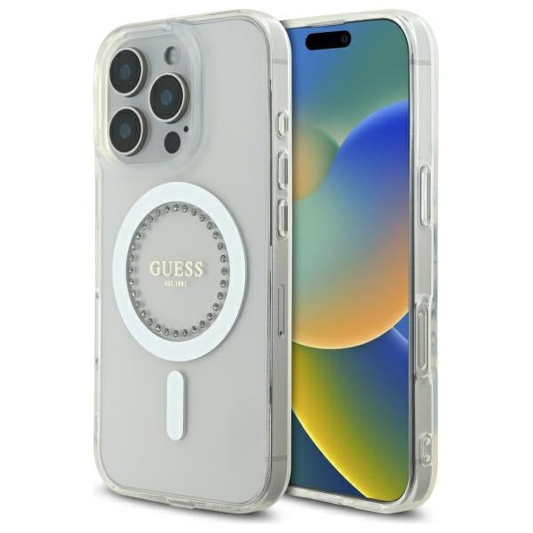 Guess IML Rhinestones MagSafe Case til iPhone 16 Pro Max - hvid
