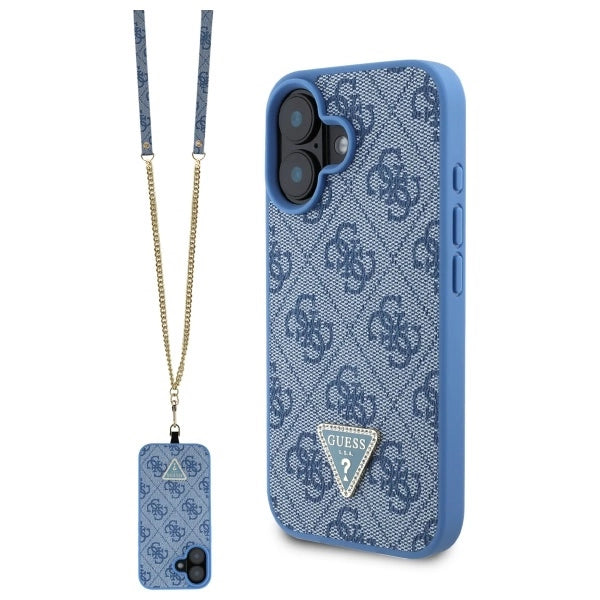 Guess læder Metal Logo Strass Crossbody Case til iPhone 16 - Blå