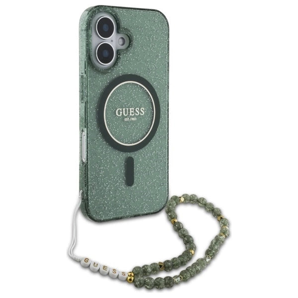 Guess IML Glitter med Pearl Strap MagSafe-fodral til iPhone 16 Plus - grøn