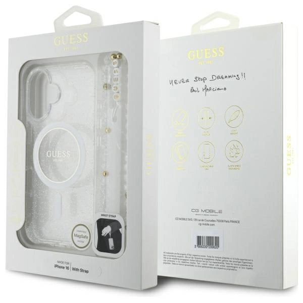 Guess IML Glitter With Pearl Strap MagSafe iPhone 16 Plus Case - Clear