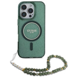 Guess IML Glitter med Pearl Strap MagSafe-fodral til iPhone 16 Pro Max - grøn