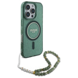 Guess IML Glitter med Pearl Strap MagSafe-fodral til iPhone 16 Pro Max - grøn