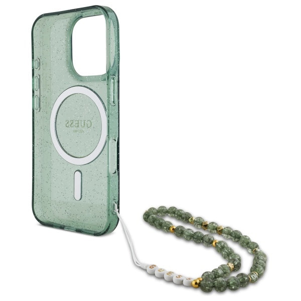 Guess IML Glitter med Pearl Strap MagSafe-fodral til iPhone 16 Pro Max - grøn