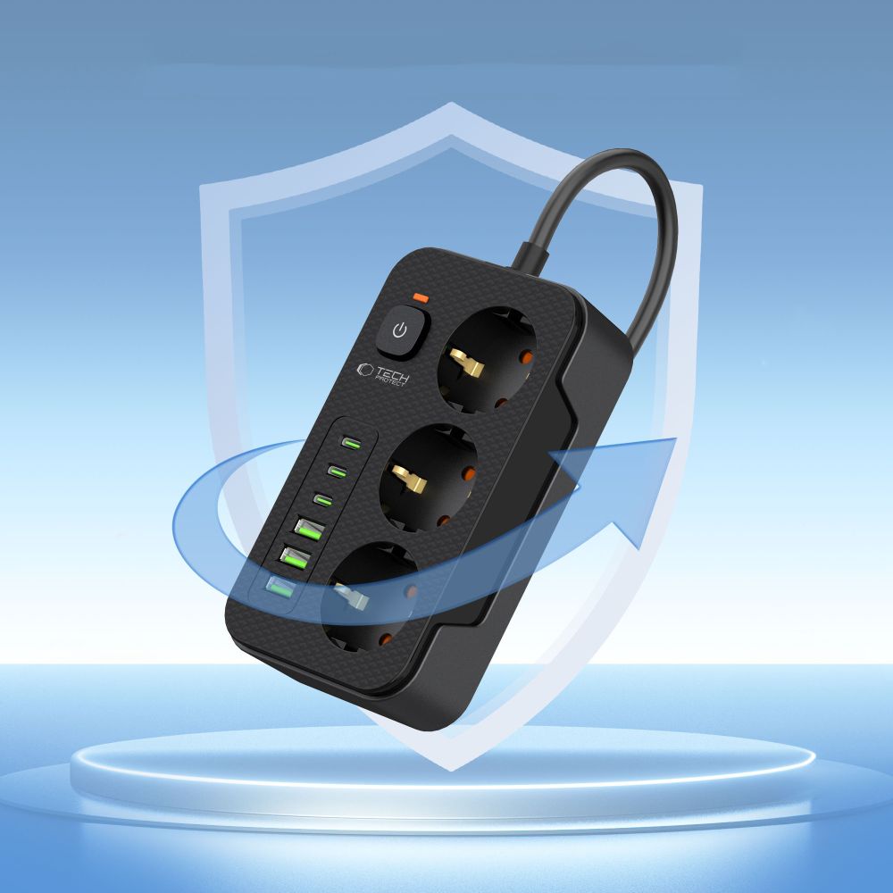 Tech-Protect PC3X6 Power Strip 3 Sockets 240V + 3xUSB-A + 3xUSB-C 200cm - Black