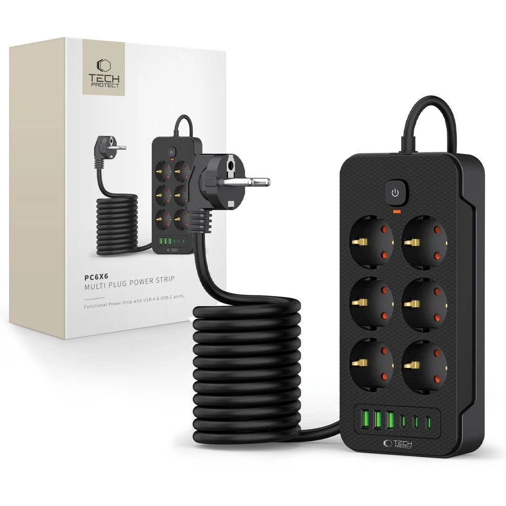 Tech-Protect PC6X6 Power Strip 6 Sockets 240V + 3xUSB-A + 3xUSB-C 200cm - sort