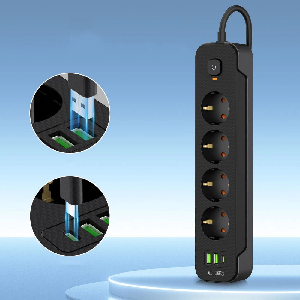 Tech-Protect PCL4X3 Power Strip 4 stikkontakter 240V + 2xUSB-A + 1xUSB-C 200 cm - sort