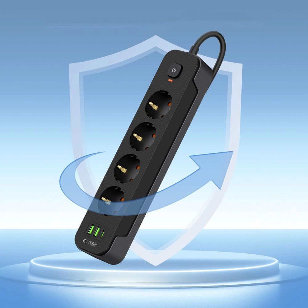 Tech-Protect PCL4X3 Power Strip 4 stikkontakter 240V + 2xUSB-A + 1xUSB-C 200 cm - sort