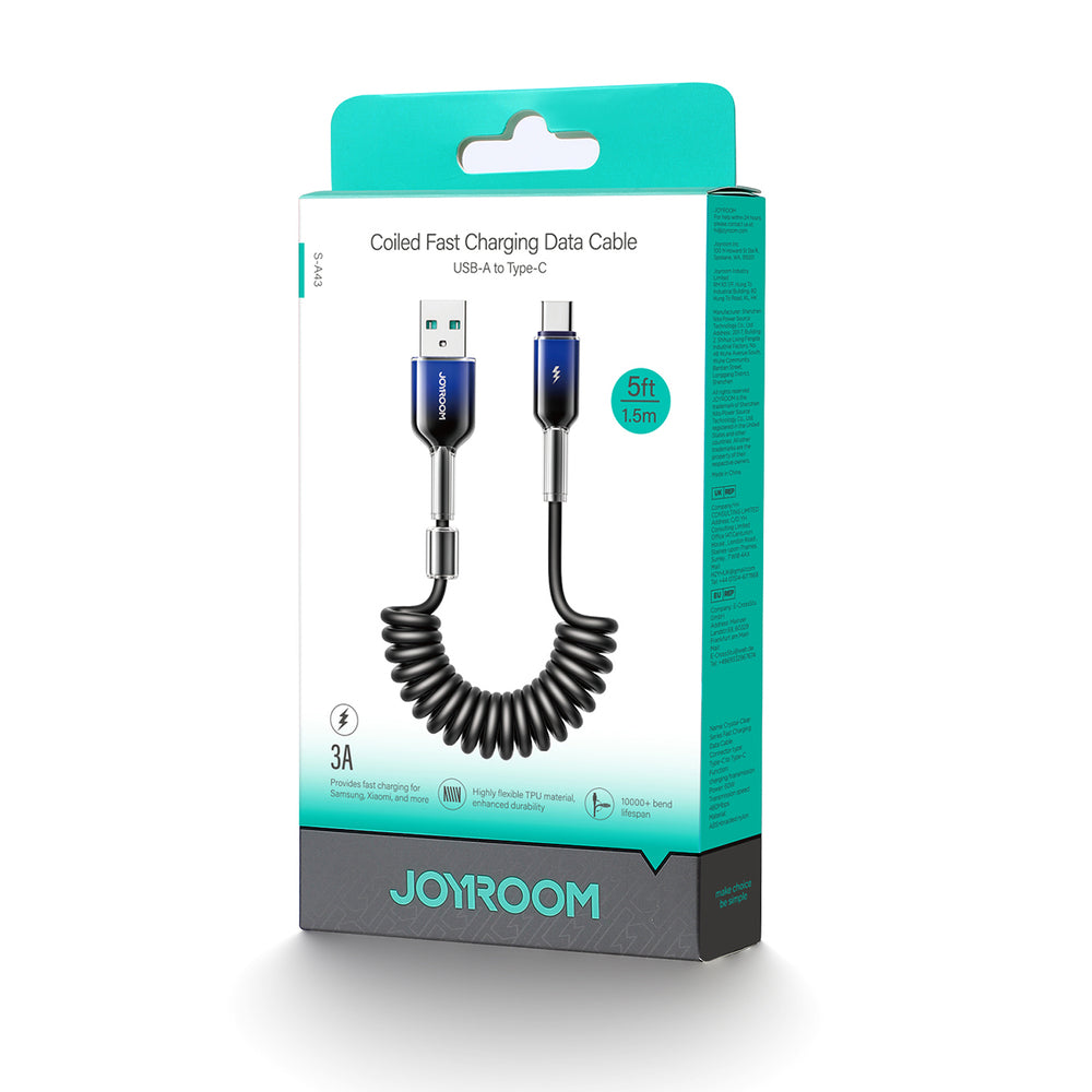 Joyroom S-A43 Crystal-Clear Series 3A USB-A - USB-C spiralkabel 1,5 m - sort